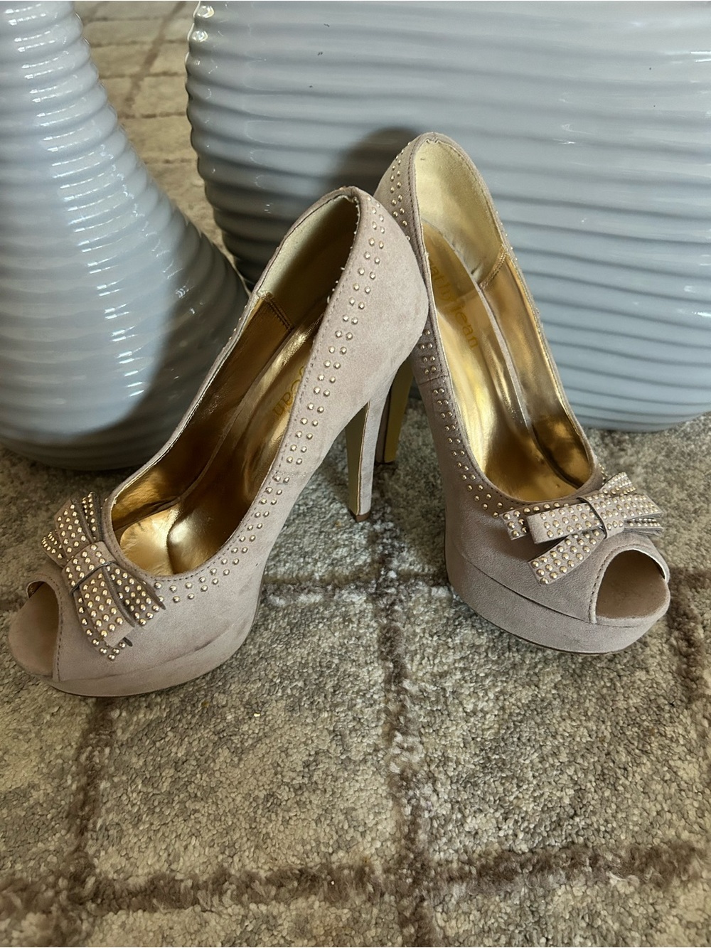 Cathy Jean Taupe Suede Peep-Toe Platform Heels with Bow